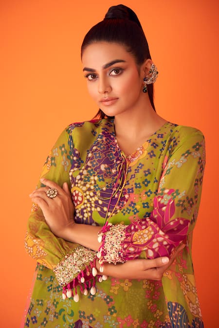 Taavare_Green Organza Tassels V-neck Floral Cluster Print Top With Pant_Online_at_Aza_Fashions