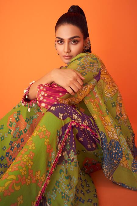 Buy_Taavare_Green Organza Tassels V-neck Floral Cluster Print Top With Pant_Online_at_Aza_Fashions