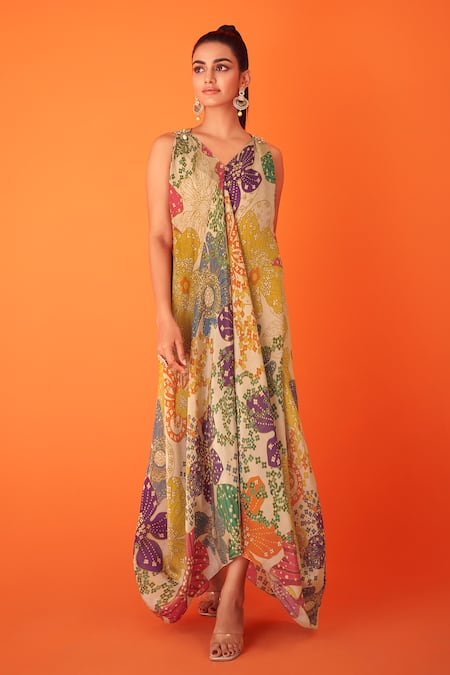 Taavare Multi Color Tissue Organza Printed Floral V Neck Flared Blossom Gown 