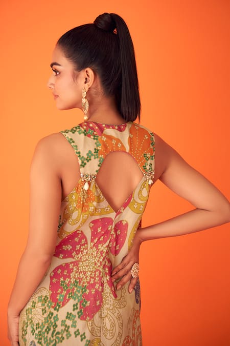 Shop_Taavare_Multi Color Tissue, Organza Embroidery V-neck Flared Blossom Print Gown _at_Aza_Fashions