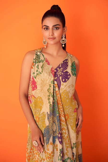 Taavare_Multi Color Tissue, Organza Embroidery V-neck Flared Blossom Print Gown _Online_at_Aza_Fashions