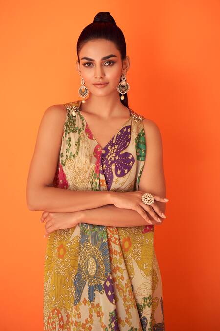 Buy_Taavare_Multi Color Tissue, Organza Embroidery V-neck Flared Blossom Print Gown _Online_at_Aza_Fashions