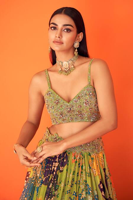 Taavare Green Tissue, Organza Embroidery, Crystals V-neck Floral Bustier Lehenga Set Online at Aza Fashions Taavare_Green Tissue, Organza Embroidery, Crystals V-neck Floral Bustier Lehenga Set _Online_at_Aza_Fashions
