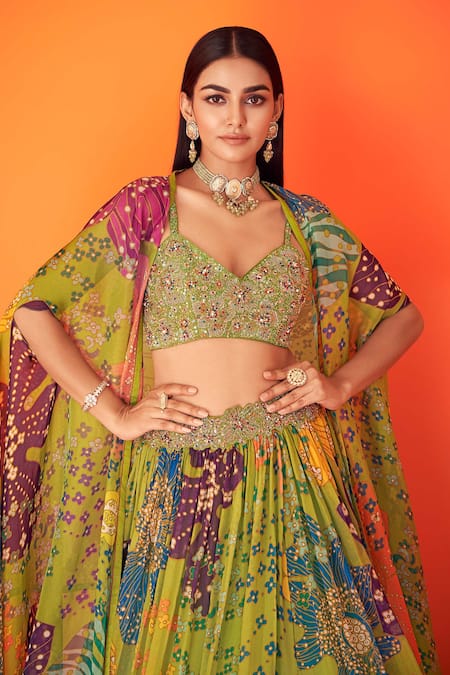 Buy Taavare Green Tissue, Organza Embroidery, Crystals V-neck Floral Bustier Lehenga Set Online at Aza Fashions Buy_Taavare_Green Tissue, Organza Embroidery, Crystals V-neck Floral Bustier Lehenga Set _Online_at_Aza_Fashions