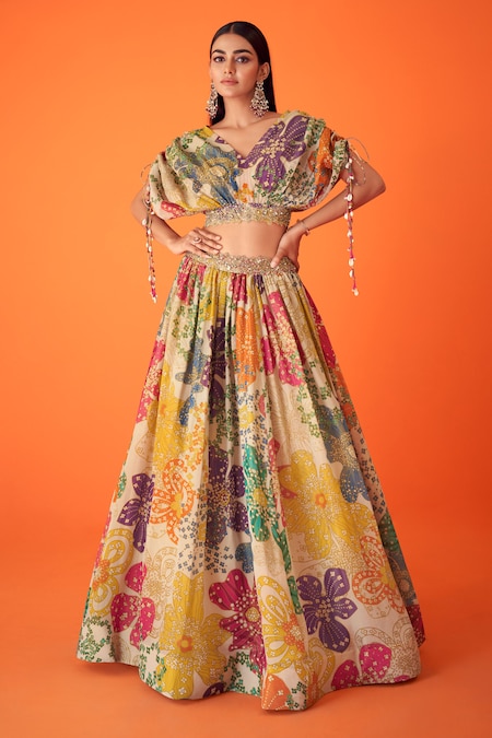 Taavare Multi Color Tissue Organza Printed Floral V Garden Lehenga With Draped Blouse 