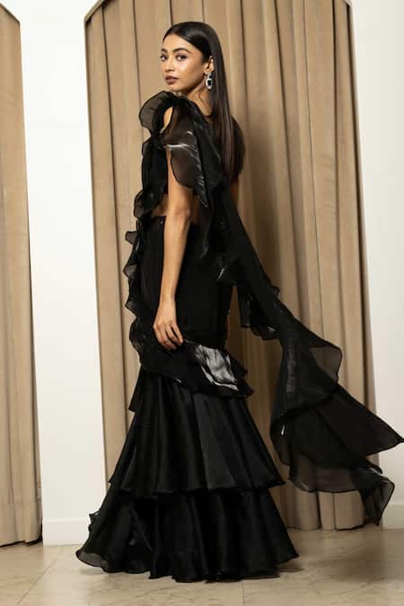 Shop Mehak Sharma Black Satin, Crepe, Organza Feathers, Cut Pre-draped Ruffle Saree And Blouse Set at Aza Fashions Shop_Mehak Sharma_Black Satin, Crepe, Organza Feathers, Cut Pre-draped Ruffle Saree And Blouse Set _at_Aza_Fashions