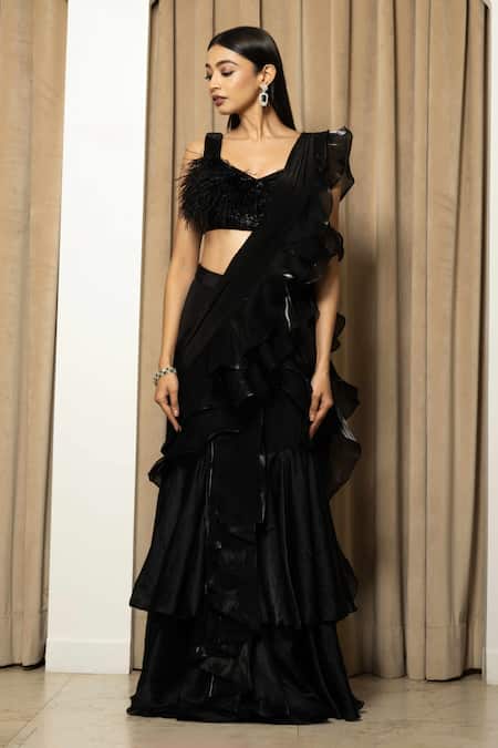 Shop Mehak Sharma Black Satin, Crepe, Organza Feathers, Cut Pre-draped Ruffle Saree And Blouse Set Online at Aza Fashions Shop_Mehak Sharma_Black Satin, Crepe, Organza Feathers, Cut Pre-draped Ruffle Saree And Blouse Set _Online_at_Aza_Fashions