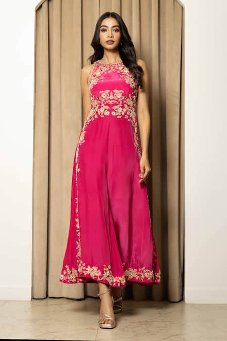 Buy Mehak Sharma Pink Crepe, Modal Embroidery Round Neck Floral Jaal Jumpsuit Online at Aza Fashions Buy_Mehak Sharma_Pink Crepe, Modal Embroidery Round Neck Floral Jaal Jumpsuit _Online_at_Aza_Fashions