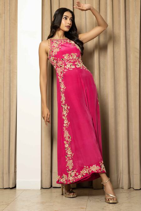 Shop Mehak Sharma Pink Crepe, Modal Embroidery Round Neck Floral Jaal Jumpsuit Online at Aza Fashions Shop_Mehak Sharma_Pink Crepe, Modal Embroidery Round Neck Floral Jaal Jumpsuit _Online_at_Aza_Fashions