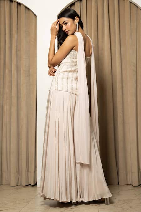 Shop_Mehak Sharma_Silver Net, Crepe, Modal Embroidery, Zari Round Neck Kurta Sharara Set _at_Aza_Fashions