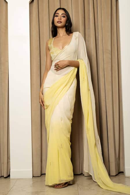 MEHAK SHARMA Yellow Georgette Hand Embroidered Cut Dana Work Leaf Ombre Saree And Blouse Set