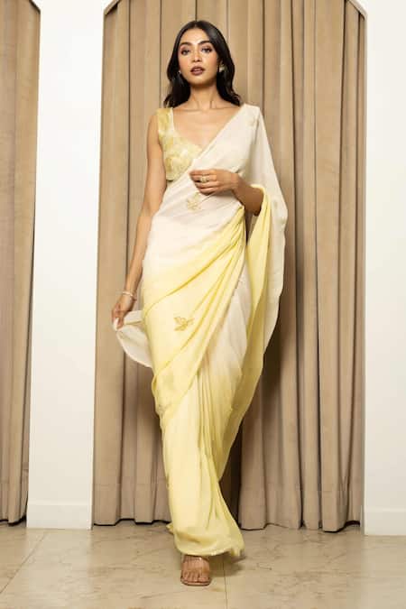 Buy_Mehak Sharma_Yellow Georgette, Taffeta Cut Work, Embroidery Dana Ombre Saree And Blouse Set _Online_at_Aza_Fashions