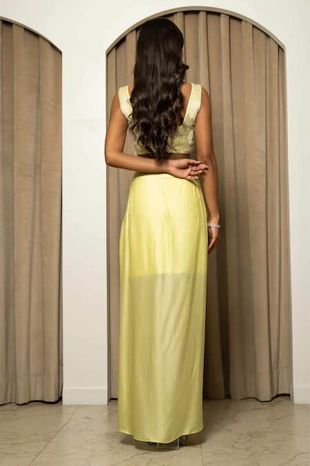 Shop_Mehak Sharma_Yellow Modal, Satin Embroidery Square Neck Bustier And Pleated Skirt Set _at_Aza_Fashions