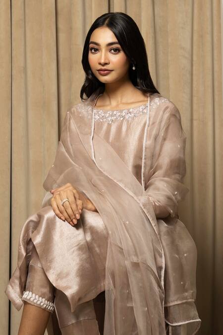 Buy Mehak Sharma Pink Silk, Organza, Bamboo Embroidery, Gota Patti Boat Placement Kurta Pant Set Online at Aza Fashions Buy_Mehak Sharma_Pink Silk, Organza, Bamboo Embroidery, Gota Patti Boat Placement Kurta Pant Set _Online_at_Aza_Fashions