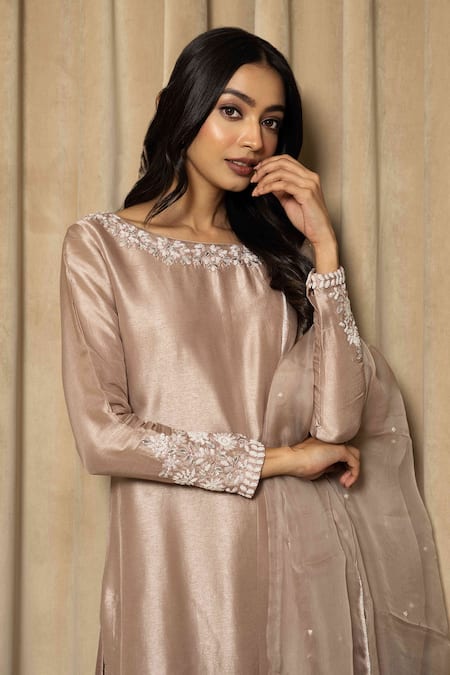 Shop Mehak Sharma Pink Silk, Organza, Bamboo Embroidery, Gota Patti Boat Placement Kurta Pant Set Online at Aza Fashions Shop_Mehak Sharma_Pink Silk, Organza, Bamboo Embroidery, Gota Patti Boat Placement Kurta Pant Set _Online_at_Aza_Fashions