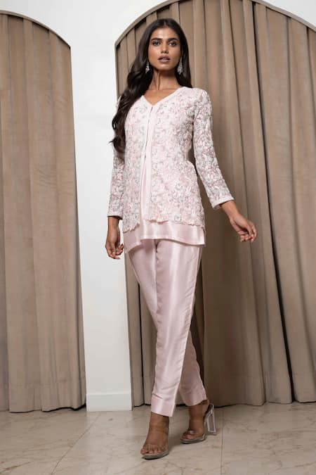 Shop_Mehak Sharma_Pink Net, Silk Embroidery V-neck Chid Jacket Set _Online_at_Aza_Fashions
