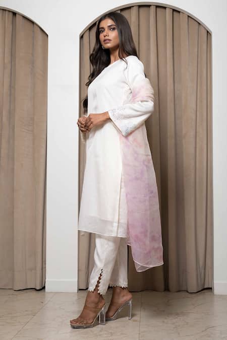 Shop_Mehak Sharma_Cream Organza, Satin Embroidery Boat Neck Kurta Set With Tie-dyed Dupatta _Online_at_Aza_Fashions