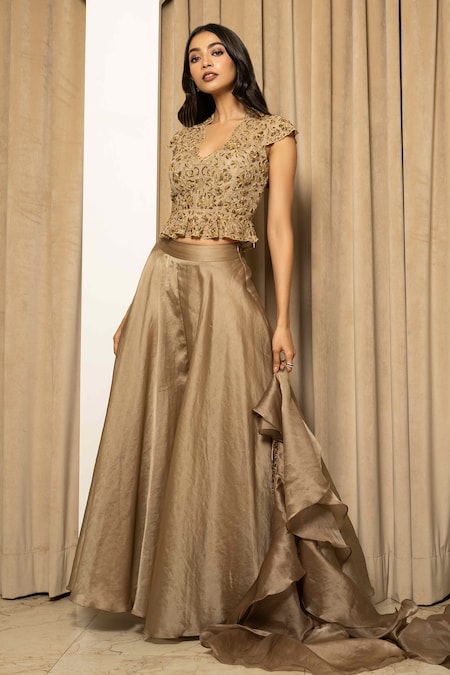 MEHAK SHARMA Brown Net Embroidery Resham Scallop V Neck Peplum Top Sharara Set