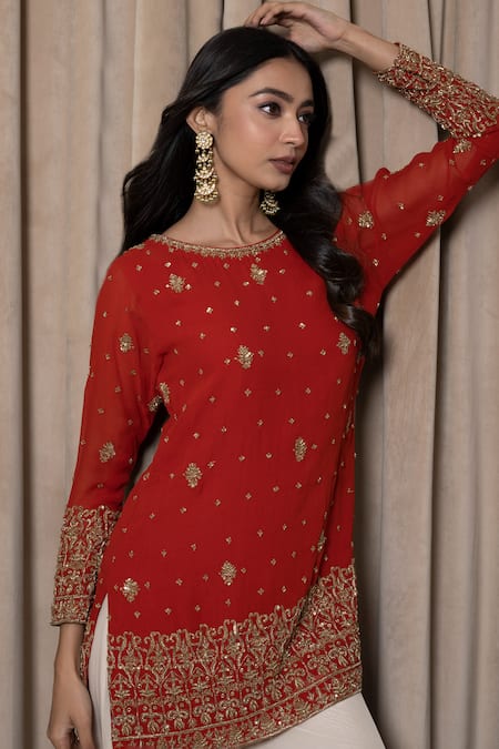 Mehak Sharma_Orange Georgette, Organza, Taffeta, Modal Embroidered Kurta And Flared Pant Set _Online_at_Aza_Fashions