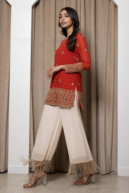 Buy_Mehak Sharma_Orange Georgette, Organza, Taffeta, Modal Embroidered Kurta And Flared Pant Set _Online_at_Aza_Fashions