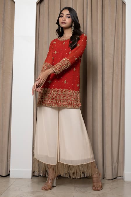 Shop_Mehak Sharma_Orange Georgette, Organza, Taffeta, Modal Embroidered Kurta And Flared Pant Set _Online_at_Aza_Fashions