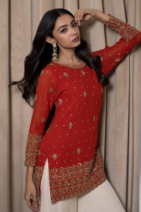 Mehak Sharma_Orange Georgette, Organza, Taffeta, Modal Embroidered Kurta And Flared Pant Set _at_Aza_Fashions