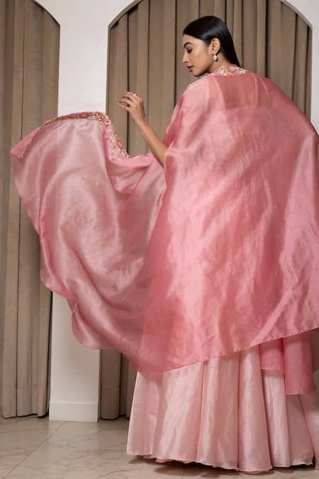 Shop Mehak Sharma Pink Bamboo, Silk Embroidery Scoop Neck Placket Cape Lehenga Set at Aza Fashions Shop_Mehak Sharma_Pink Bamboo, Silk Embroidery Scoop Neck Placket Cape Lehenga Set _at_Aza_Fashions