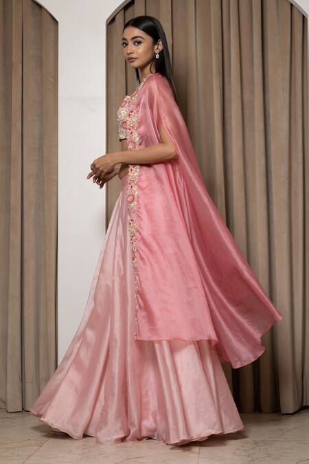 Mehak Sharma Pink Bamboo, Silk Embroidery Scoop Neck Placket Cape Lehenga Set Online at Aza Fashions Mehak Sharma_Pink Bamboo, Silk Embroidery Scoop Neck Placket Cape Lehenga Set _Online_at_Aza_Fashions