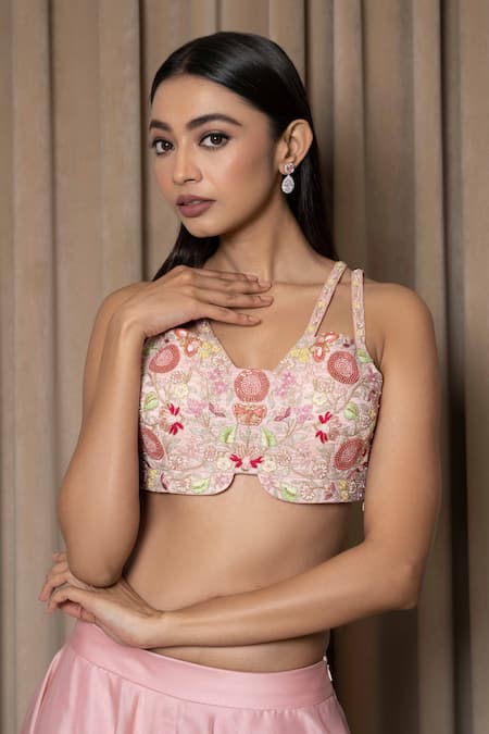 Shop Mehak Sharma Pink Bamboo, Silk Embroidery Scoop Neck Placket Cape Lehenga Set Online at Aza Fashions Shop_Mehak Sharma_Pink Bamboo, Silk Embroidery Scoop Neck Placket Cape Lehenga Set _Online_at_Aza_Fashions