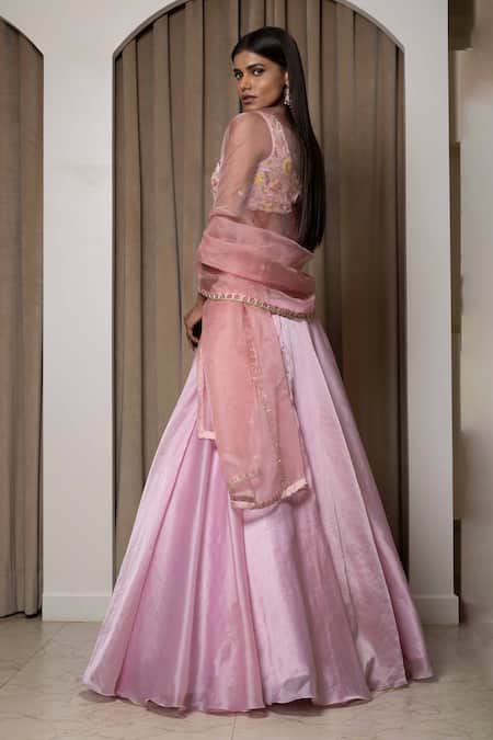 Shop Mehak Sharma Pink Satin, Organza Zari, Cut Work, Floral Jaal Waistband Lehenga Set at Aza Fashions Shop_Mehak Sharma_Pink Satin, Organza Zari, Cut Work, Floral Jaal Waistband Lehenga Set _at_Aza_Fashions