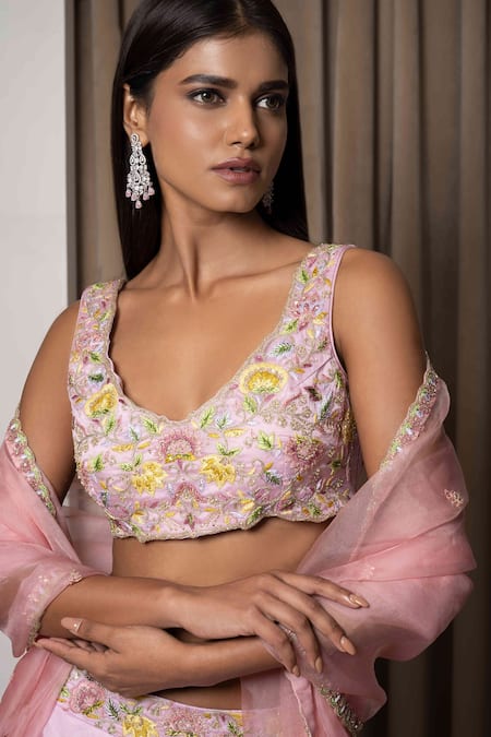 Mehak Sharma Pink Satin, Organza Zari, Cut Work, Floral Jaal Waistband Lehenga Set Online at Aza Fashions Mehak Sharma_Pink Satin, Organza Zari, Cut Work, Floral Jaal Waistband Lehenga Set _Online_at_Aza_Fashions