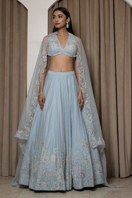 Mehak Sharma Blue Silk, Organza Embroidery, Cut Work, Zari V-neck Cutdana Lehenga Set Online at Aza Fashions Mehak Sharma_Blue Silk, Organza Embroidery, Cut Work, Zari V-neck Cutdana Lehenga Set _Online_at_Aza_Fashions