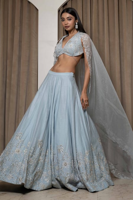 Buy Mehak Sharma Blue Silk, Organza Embroidery, Cut Work, Zari V-neck Cutdana Lehenga Set Online at Aza Fashions Buy_Mehak Sharma_Blue Silk, Organza Embroidery, Cut Work, Zari V-neck Cutdana Lehenga Set _Online_at_Aza_Fashions