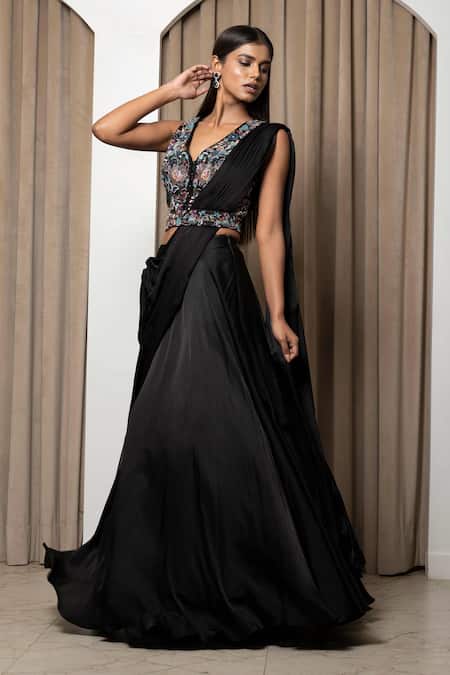 Buy_Mehak Sharma_Black Modal, Satin Cut Work V-neck Lehenga Saree With Embroidered Blouse _Online_at_Aza_Fashions
