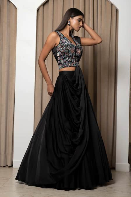 Shop_Mehak Sharma_Black Modal, Satin Cut Work V-neck Lehenga Saree With Embroidered Blouse _Online_at_Aza_Fashions