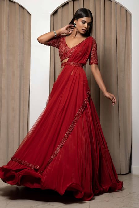 MEHAK SHARMA Red Net Embroidery Chid V Neck Blouse Lehenga Set