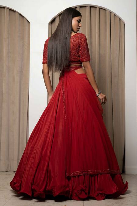 Mehak Sharma_Red Net, Crepe, Modal Embroidery, Cut Work V-neck Blouse Lehenga Set _Online_at_Aza_Fashions
