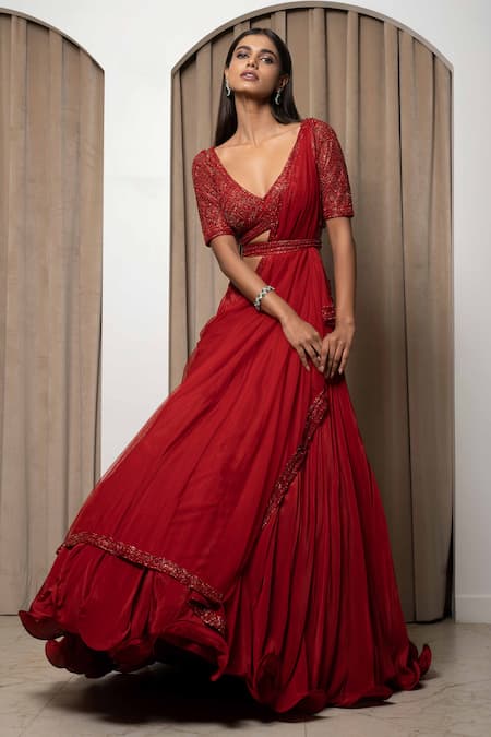 Buy_Mehak Sharma_Red Net, Crepe, Modal Embroidery, Cut Work V-neck Blouse Lehenga Set _Online_at_Aza_Fashions