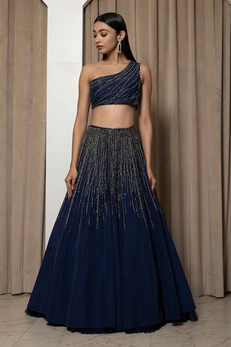 Mehak Sharma Blue Crepe, Modal Embroidery Asymmetric Linear Pattern Lehenga And Blouse Set at Aza Fashions Mehak Sharma_Blue Crepe, Modal Embroidery Asymmetric Linear Pattern Lehenga And Blouse Set _at_Aza_Fashions
