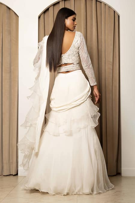 Shop Mehak Sharma White Organza, Net, Crepe, Modal Embroidery, Crystals, Ruffle Pre-draped Saree at Aza Fashions Shop_Mehak Sharma_White Organza, Net, Crepe, Modal Embroidery, Crystals, Ruffle Pre-draped Saree _at_Aza_Fashions