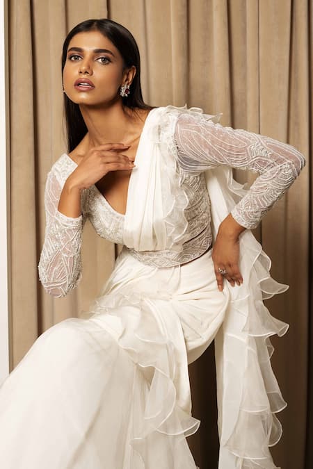Mehak Sharma White Organza, Net, Crepe, Modal Embroidery, Crystals, Ruffle Pre-draped Saree Online at Aza Fashions Mehak Sharma_White Organza, Net, Crepe, Modal Embroidery, Crystals, Ruffle Pre-draped Saree _Online_at_Aza_Fashions