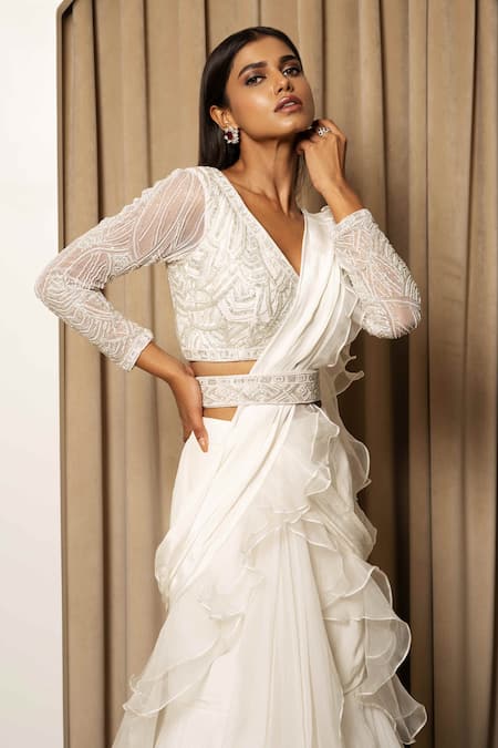 Buy Mehak Sharma White Organza, Net, Crepe, Modal Embroidery, Crystals, Ruffle Pre-draped Saree Online at Aza Fashions Buy_Mehak Sharma_White Organza, Net, Crepe, Modal Embroidery, Crystals, Ruffle Pre-draped Saree _Online_at_Aza_Fashions