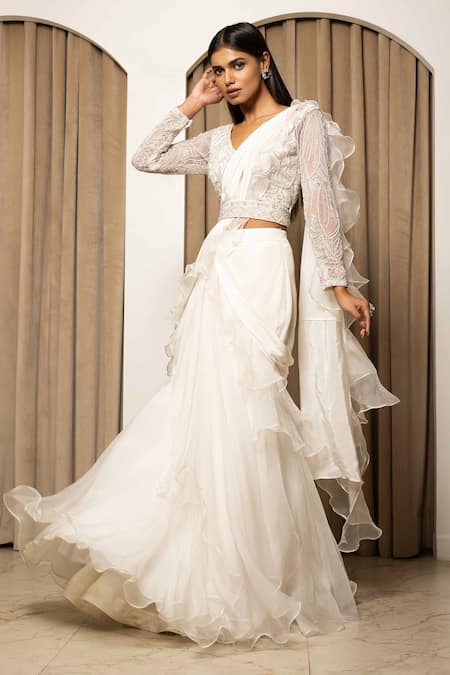 Shop Mehak Sharma White Organza, Net, Crepe, Modal Embroidery, Crystals, Ruffle Pre-draped Saree Online at Aza Fashions Shop_Mehak Sharma_White Organza, Net, Crepe, Modal Embroidery, Crystals, Ruffle Pre-draped Saree _Online_at_Aza_Fashions