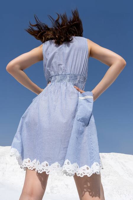 Shop Beachbum Blue Yarn Dyed Stripe Pattern And Crochet Lace Work V & White Dress at Aza Fashions Shop_Beachbum_Blue Yarn Dyed Stripe Pattern And Crochet Lace Work V & White Dress_at_Aza_Fashions