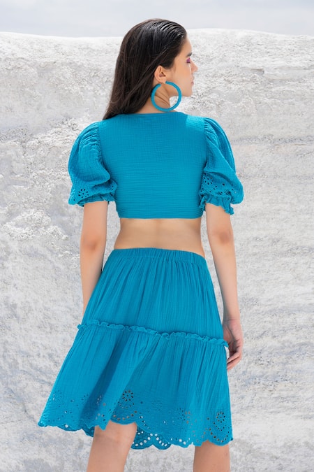 Shop_Beachbum_Blue Cotton Cut Work V-neck Peacock Tie-up Crop Top And Skirt Set _at_Aza_Fashions