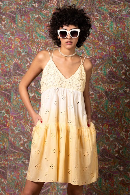 Beachbum Yellow 100% Cotton V Neck Hippie Schiffli Crochet Strappy Dress 