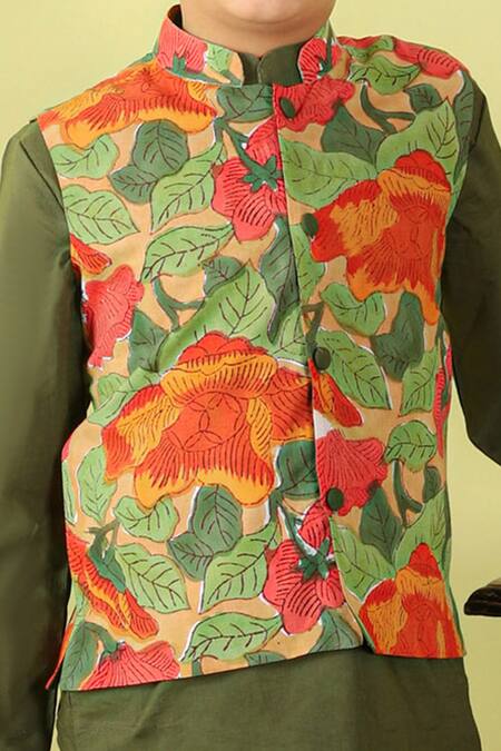 Kalp_Green Cotton Kevin Floral Print Jacket And Kurta Set _Online_at_Aza_Fashions