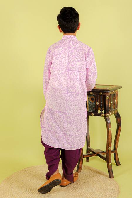 Shop Kalp Purple Cotton Floral Print Kurta And Dhoti Set at Aza Fashions Shop_Kalp_Purple Cotton Floral Print Kurta And Dhoti Set _at_Aza_Fashions