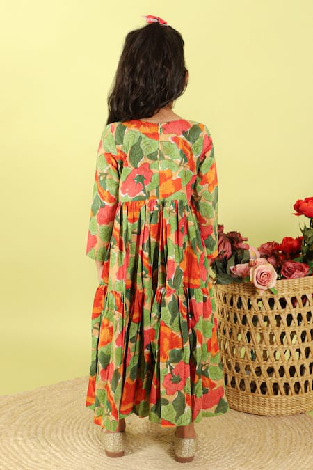 Shop Kalp Green Cotton Raina Floral Print Tiered Dress at Aza Fashions Shop_Kalp_Green Cotton Raina Floral Print Tiered Dress _at_Aza_Fashions