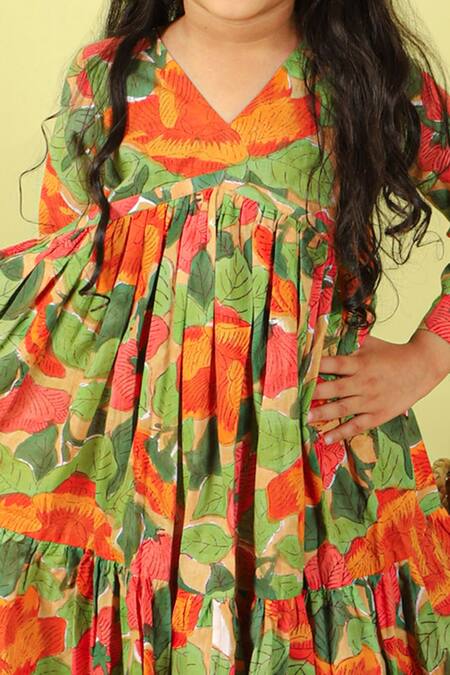 Kalp Green Cotton Raina Floral Print Tiered Dress Online at Aza Fashions Kalp_Green Cotton Raina Floral Print Tiered Dress _Online_at_Aza_Fashions